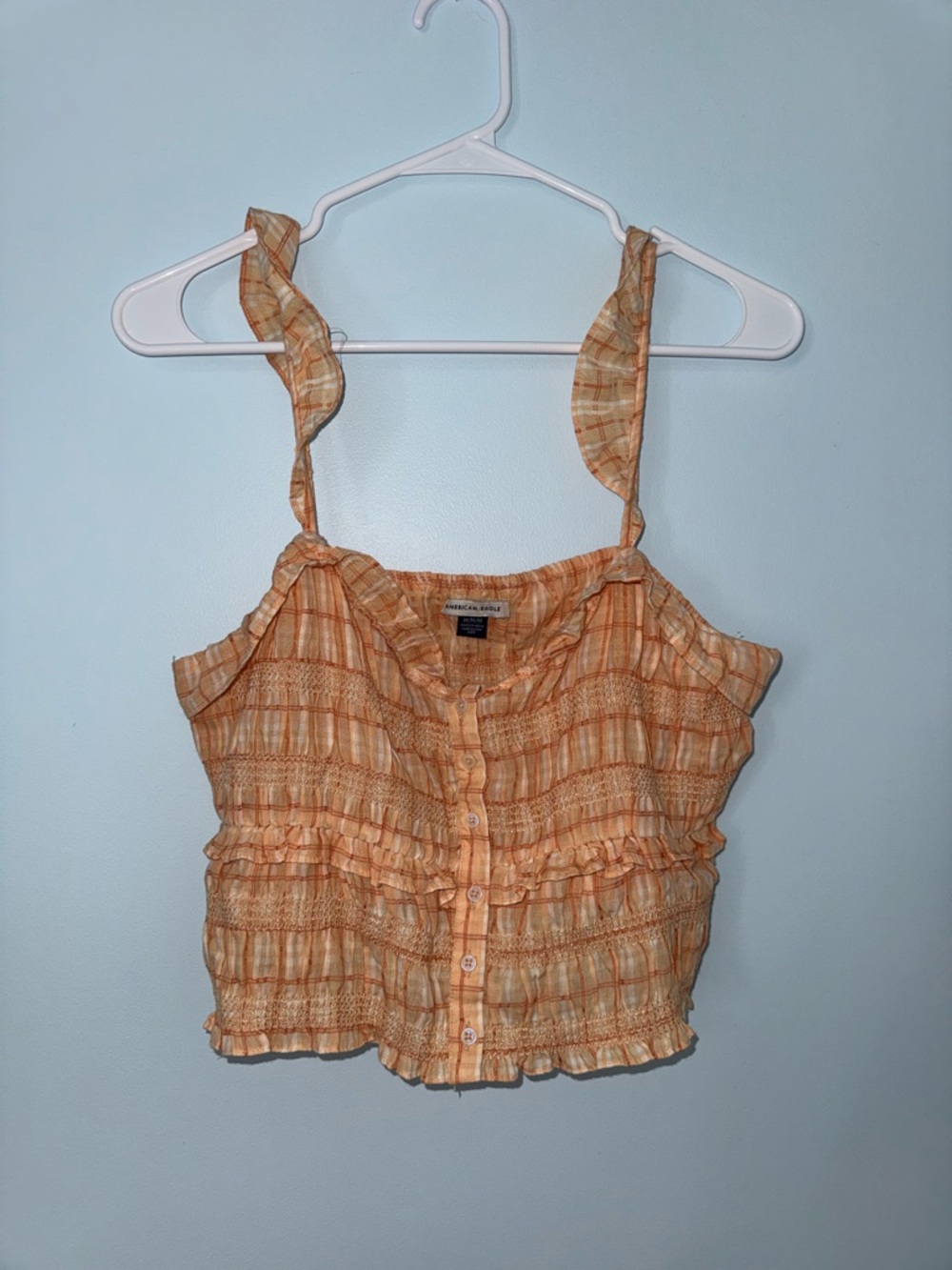 American Eagle Outfitters Peach Plaid Ruffle Button-Front Crop Cami